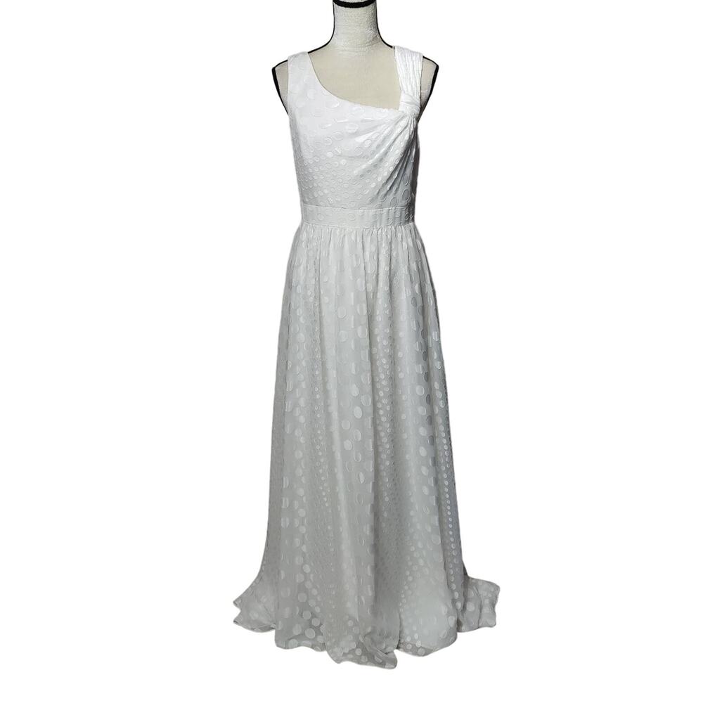 NWT Aidan Mattox Sz 10 White Dot Print Asymmetrical Wedding Dress Full Length